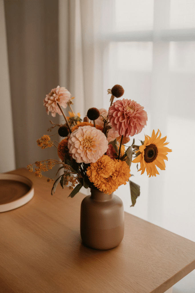 Warm-toned floral arrangement with dahlias, marigolds, and sunflowers for fall.