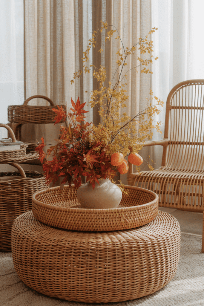 Natural textured decor like baskets and rattan mixed with autumn tones.