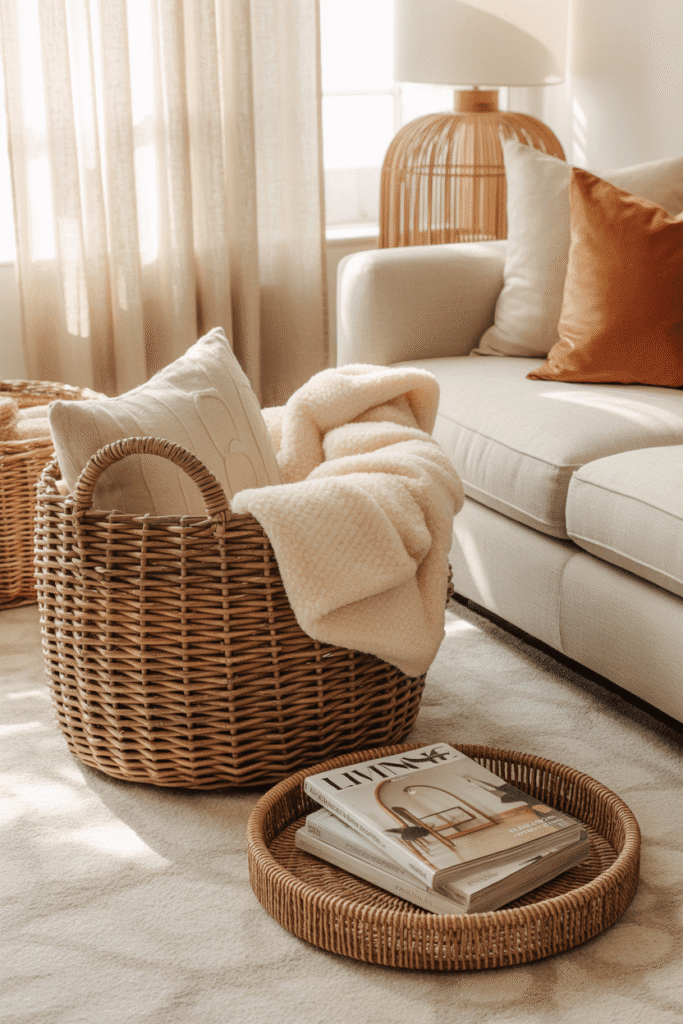Natural textured decor like baskets and rattan mixed with autumn tones.