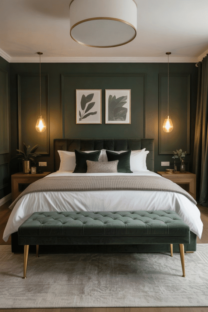 Botanical artwork in green tones complements the wall color and brings nature indoors.