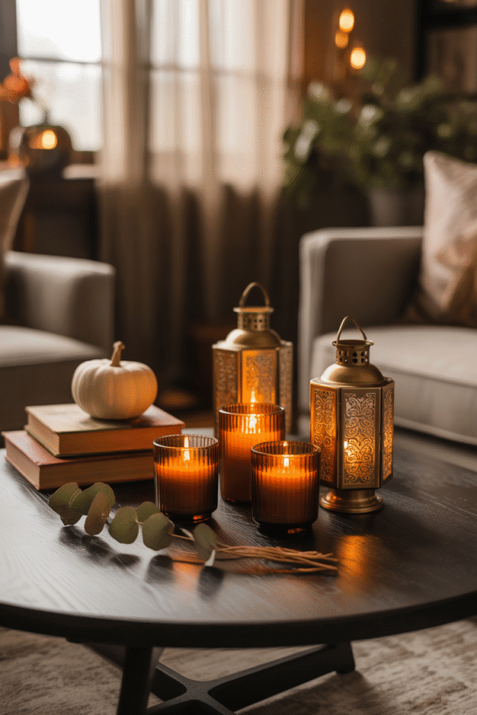 Candles and lanterns adding warm fall ambiance to living room decor.