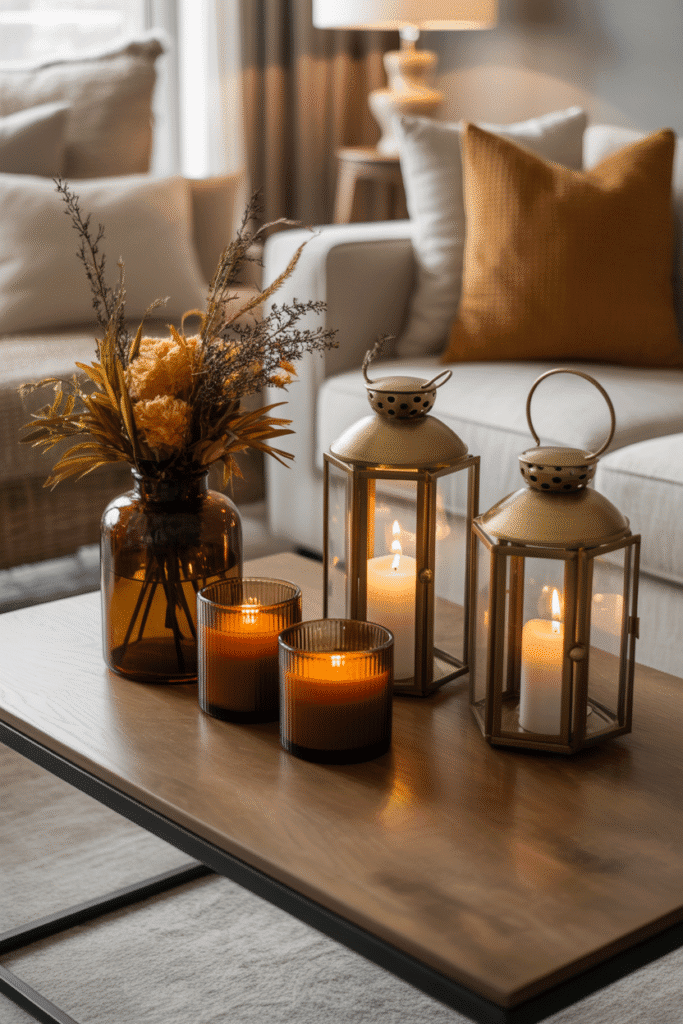 Candles and lanterns adding warm fall ambiance to living room decor.