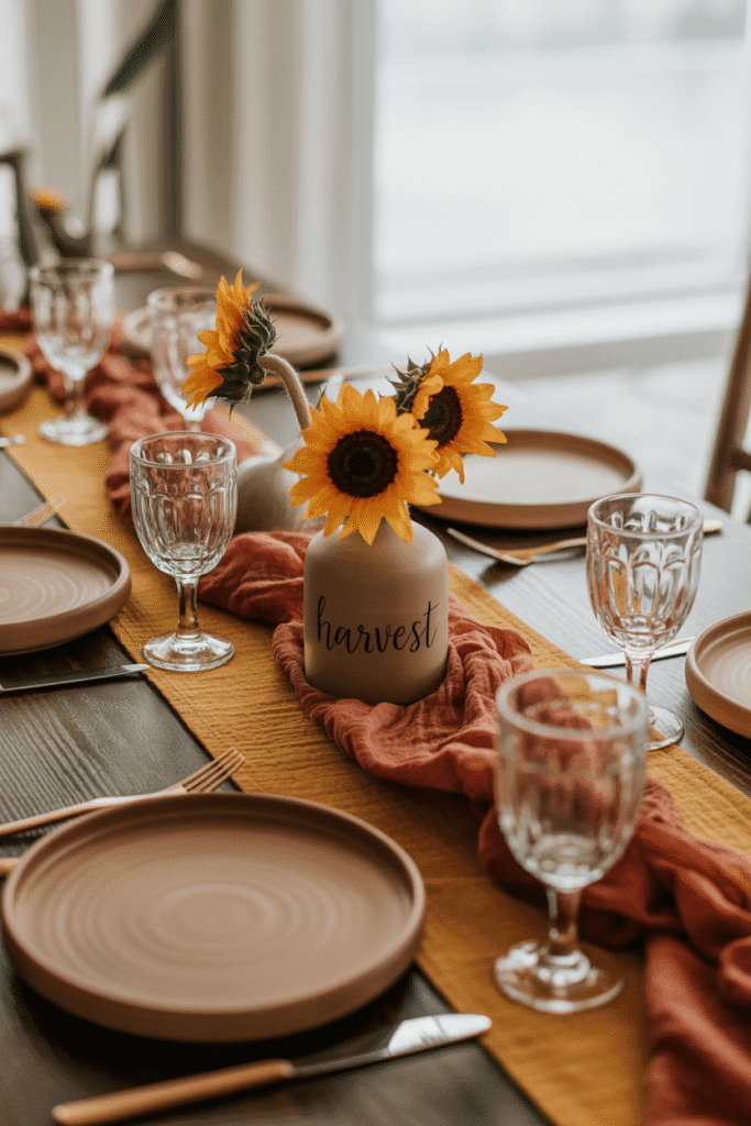 Earth-toned table linens and seasonal accessories for fall dining.