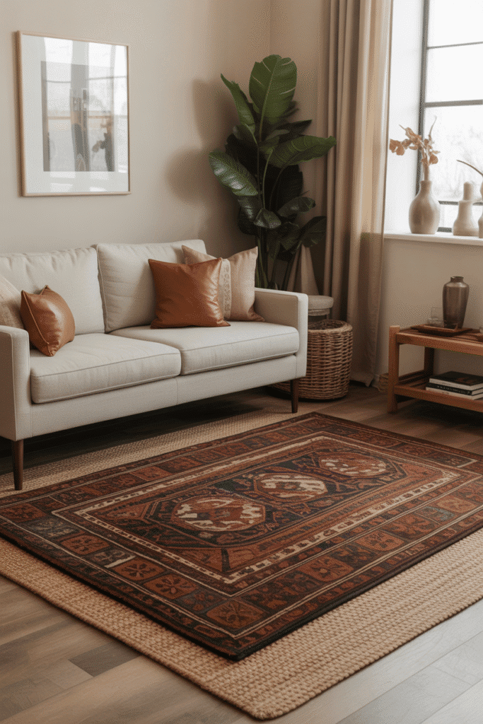 Layered rugs combining summer textures with warm fall patterns.