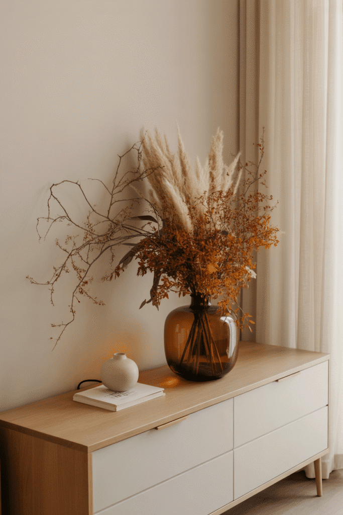 Seasonal greenery like dried grasses and branches for fall transition decor.
