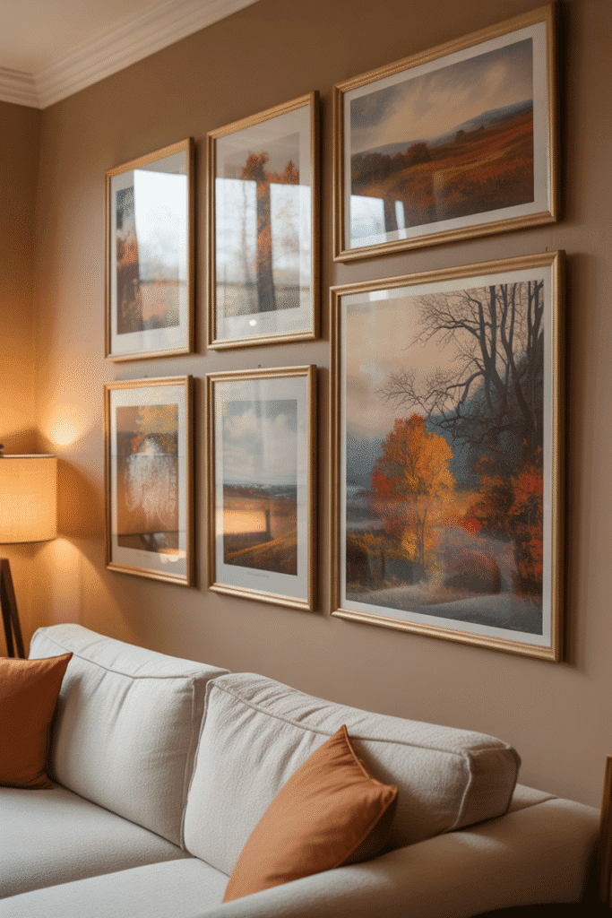 Wall art swap from summer to fall with moody seasonal landscapes.