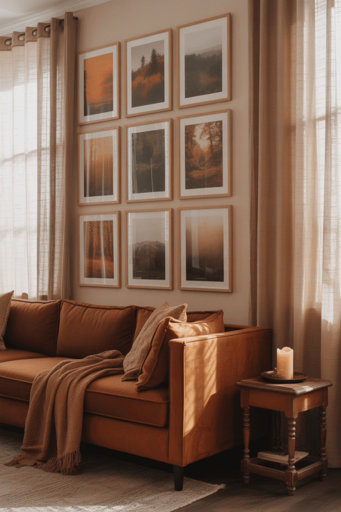 Wall art swap from summer to fall with moody seasonal landscapes.