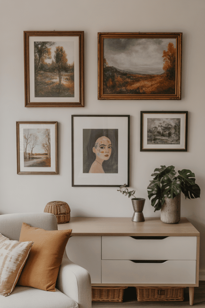 Wall art swap from summer to fall with moody seasonal landscapes.