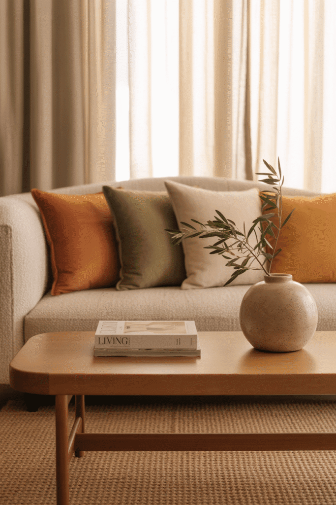 Neutral living room warmed with autumn color accents in rust, olive, and mustard.