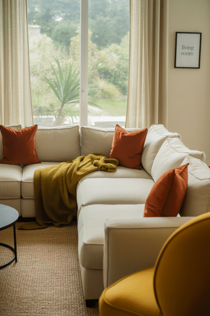 Neutral living room warmed with autumn color accents in rust, olive, and mustard.