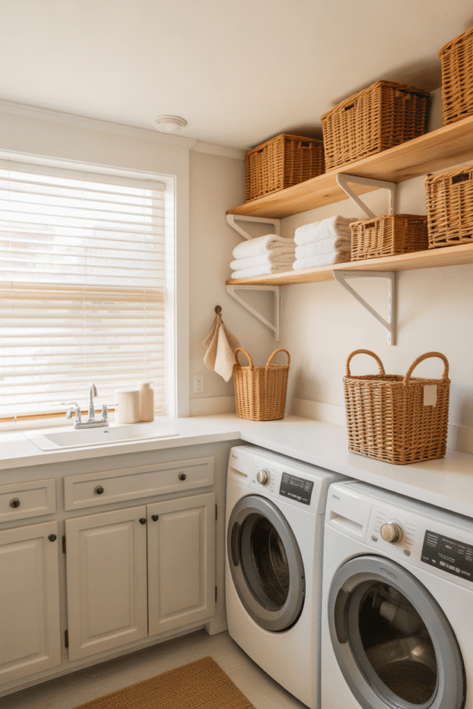 As a part of best cabinet paint colors for small laundry rooms this picture shows soft white cabinets brighten a small laundry room, making it feel clean and spacious.