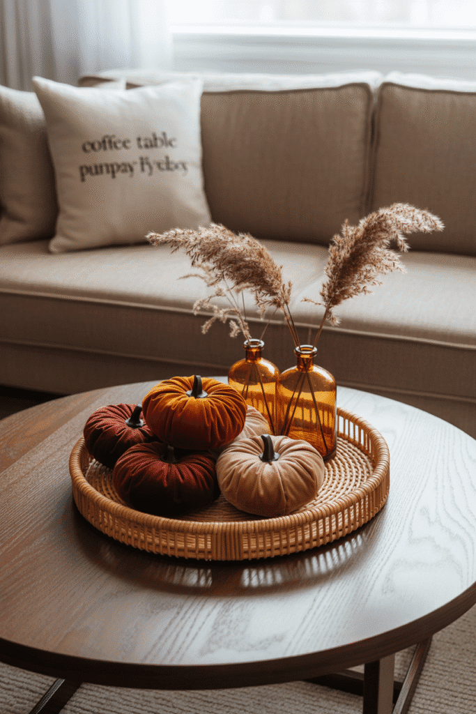 Mix of summer and fall decor with rattan, pumpkins, and amber accents.