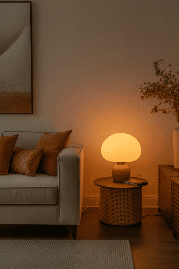 Warm cozy lighting in a living room transitioning from summer to fall.