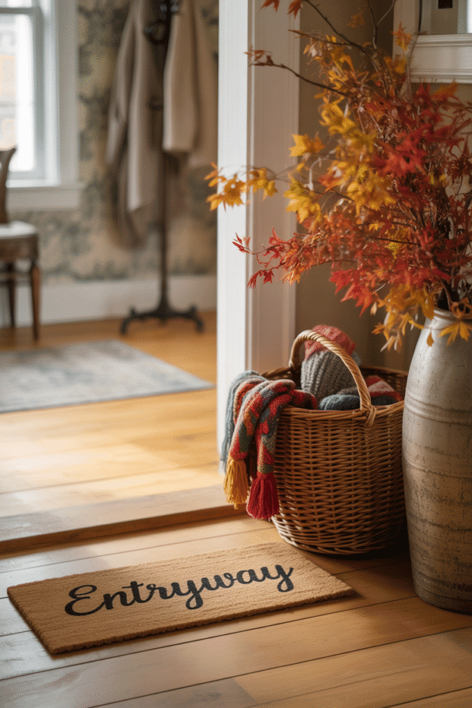 Entryway styled for fall with seasonal doormat, basket, and autumn branches.