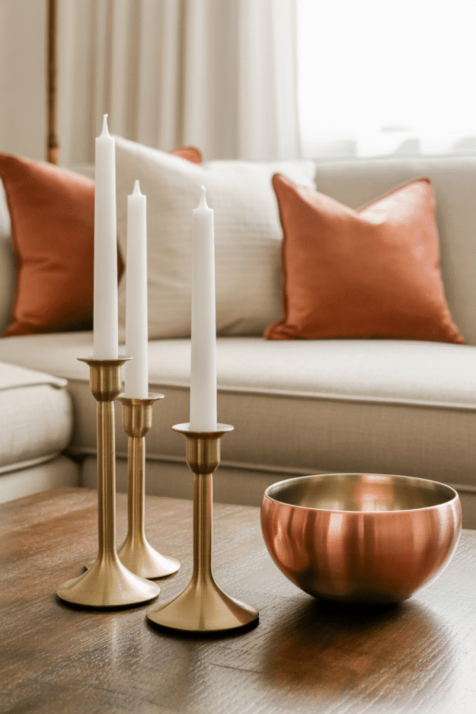 Metallic fall accents like brass, gold, and copper in seasonal decor.