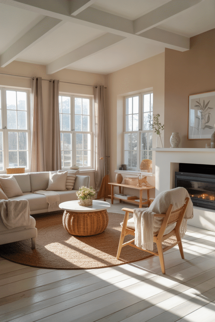 Modern cottage living room featuring soft neutral colors, light wood floors, and cozy furnishings.