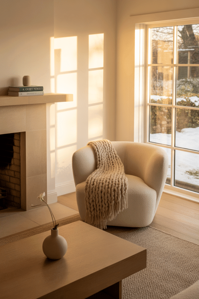 Modern cottage living room featuring soft neutral colors, light wood floors, and cozy furnishings.