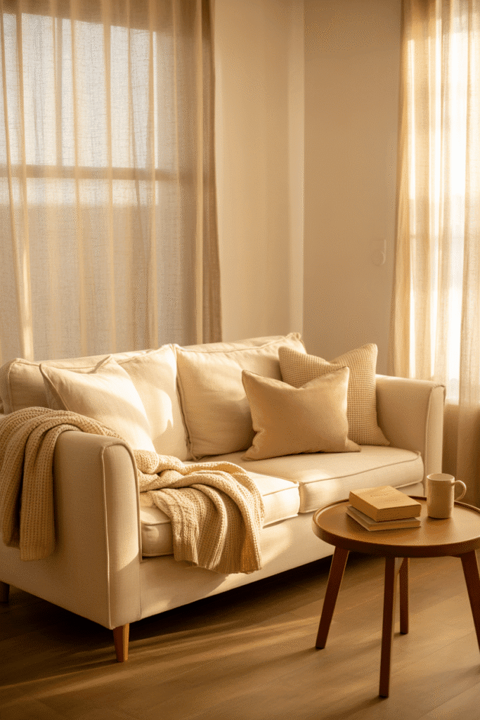 As a part of modern cottage decor this picture shows a modern cottage living room featuring soft neutral colors, light wood floors, and cozy furnishings.