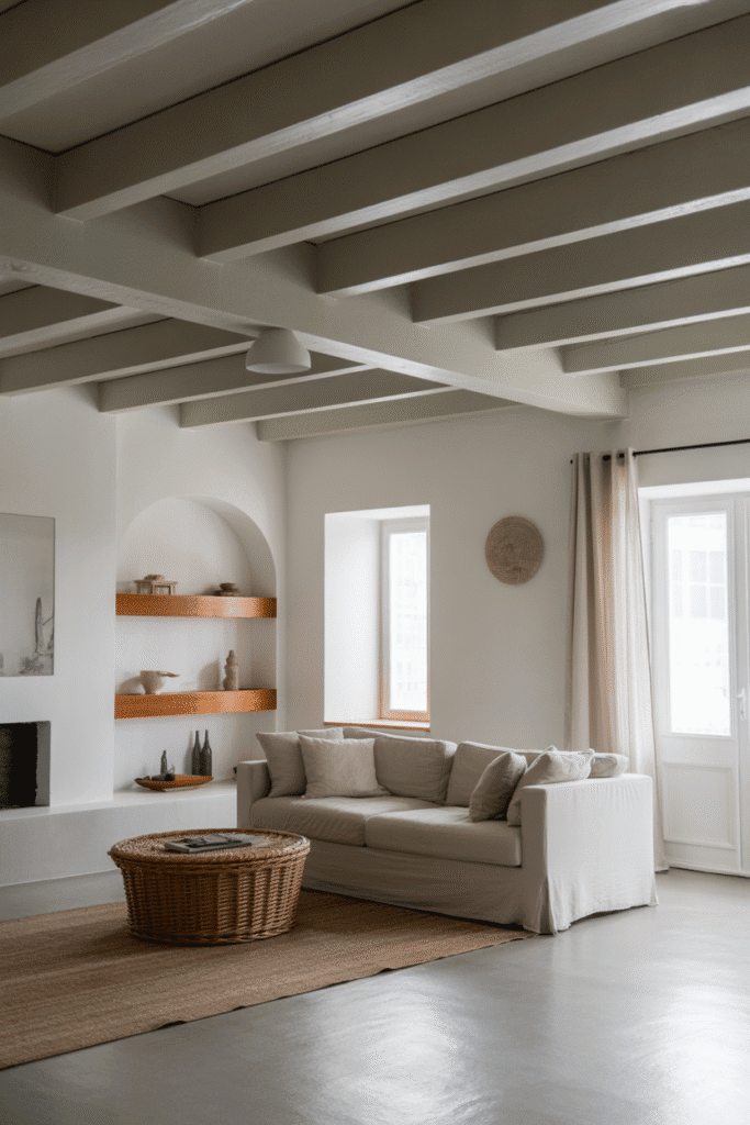 Modern cottage living room with soft gray exposed wooden beams and contemporary furnishings.