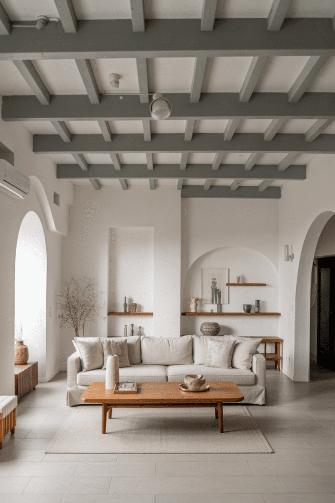 Modern cottage living room with soft gray exposed wooden beams and contemporary furnishings.