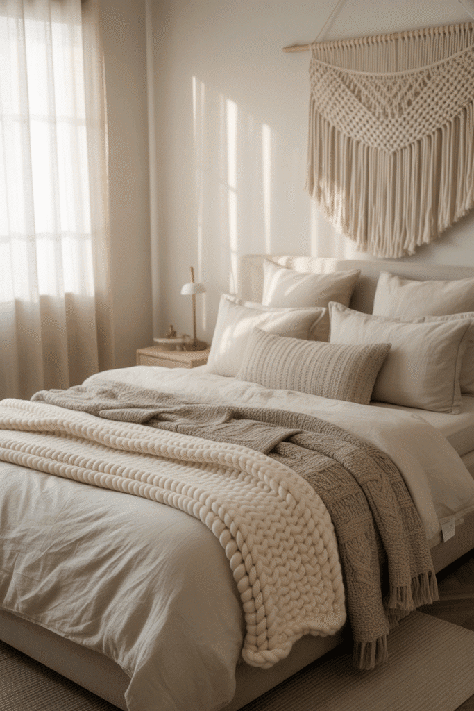 Cozy modern cottage bedroom with layered linens and knit blankets on a neutral bed.