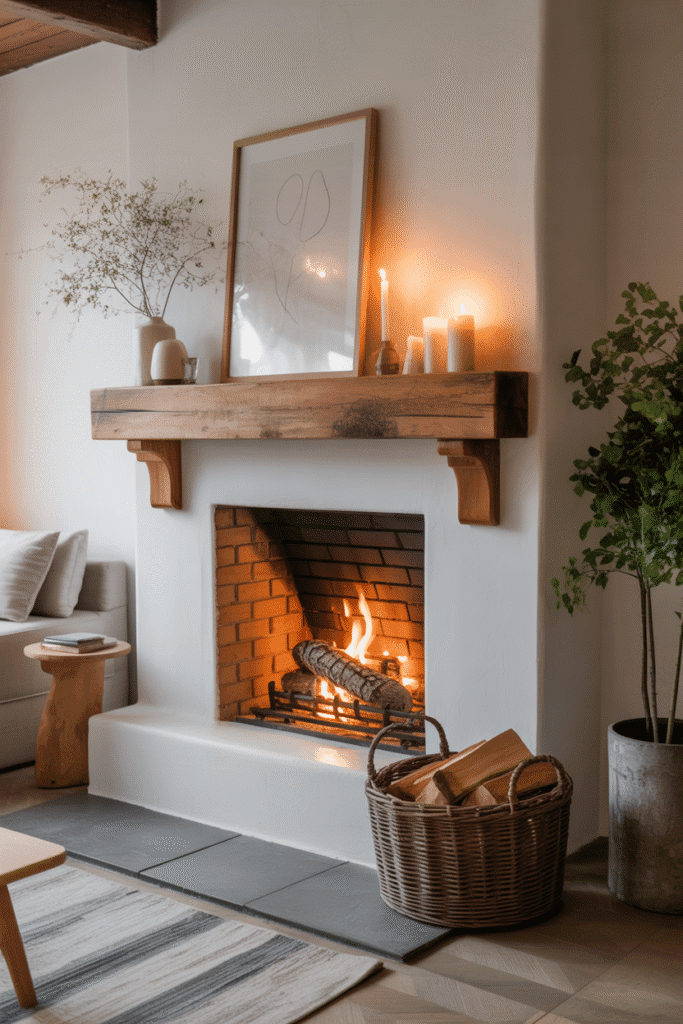 Modern cottage living room featuring a statement fireplace with rustic wooden mantel and candles.