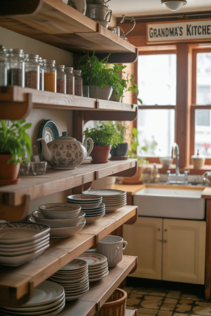 Modern cottage kitchen with open wooden shelving showcasing ceramics, glass jars, and plants.