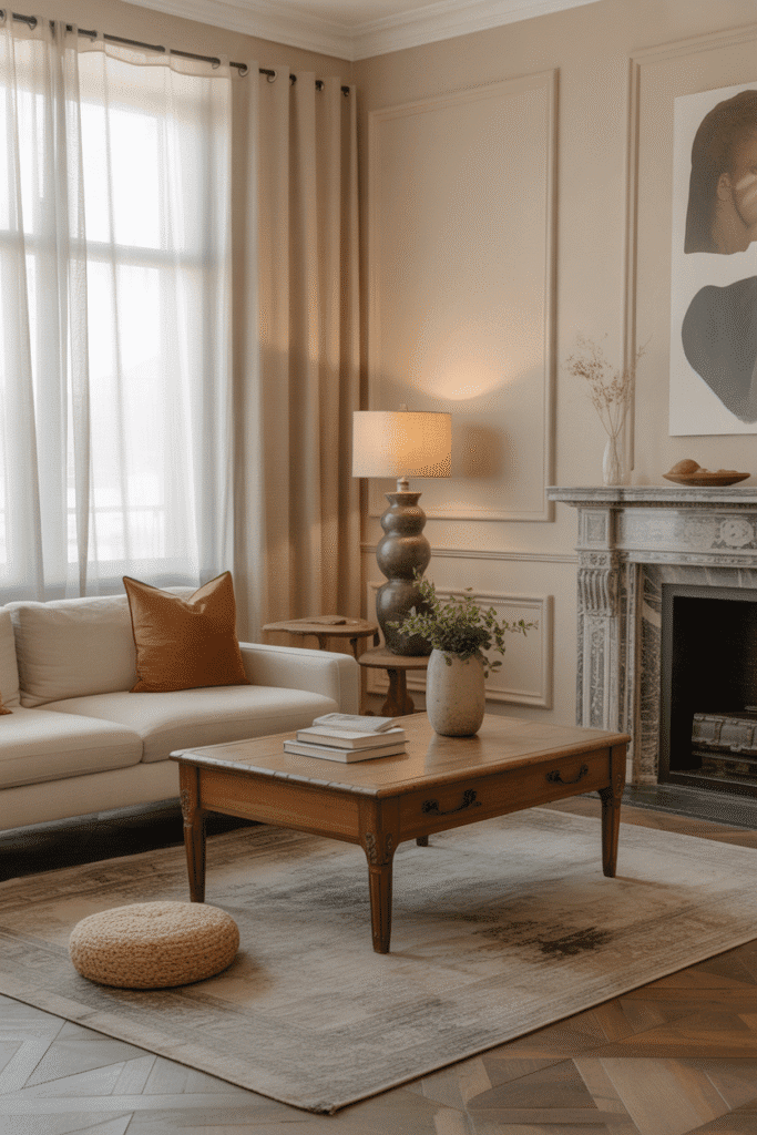Modern cottage living room blending contemporary sofa with vintage wooden furniture and rustic decor.