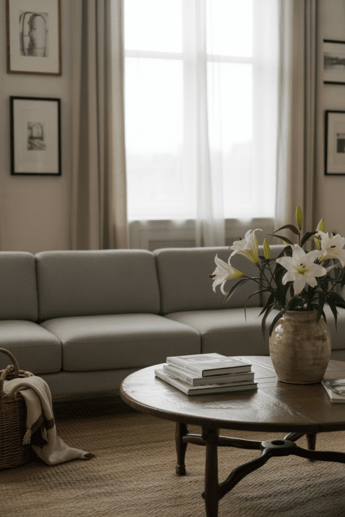 Modern cottage living room blending contemporary sofa with vintage wooden furniture and rustic decor.