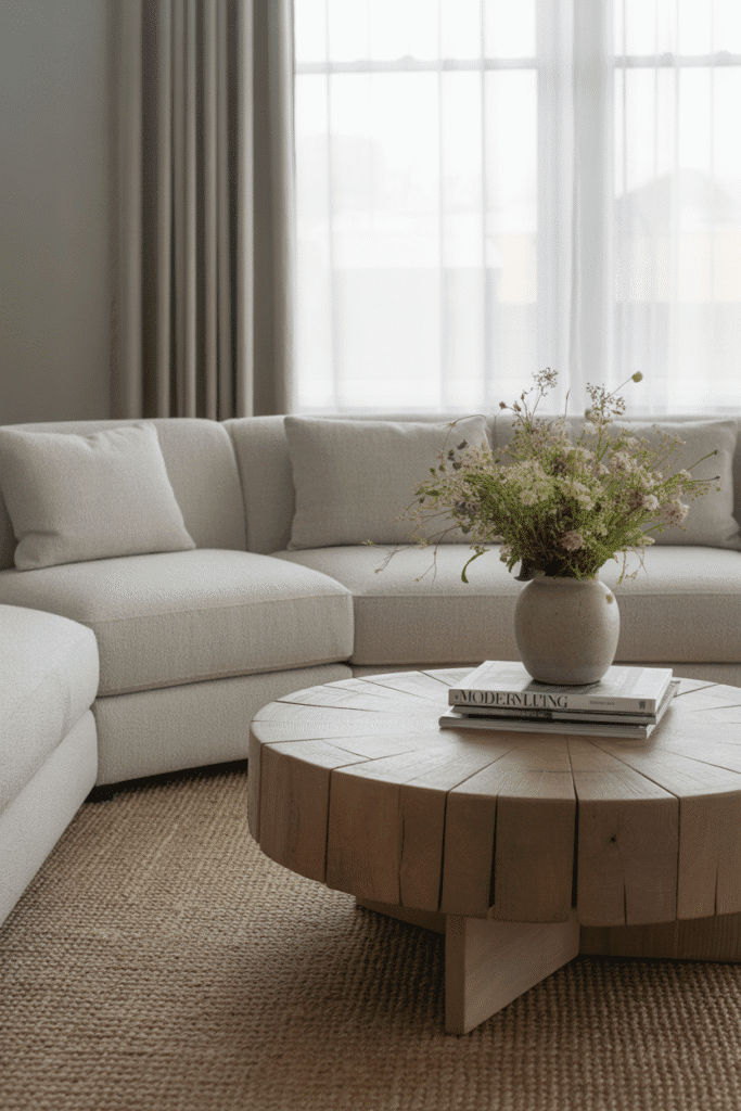 Modern cottage living room blending contemporary sofa with vintage wooden furniture and rustic decor.