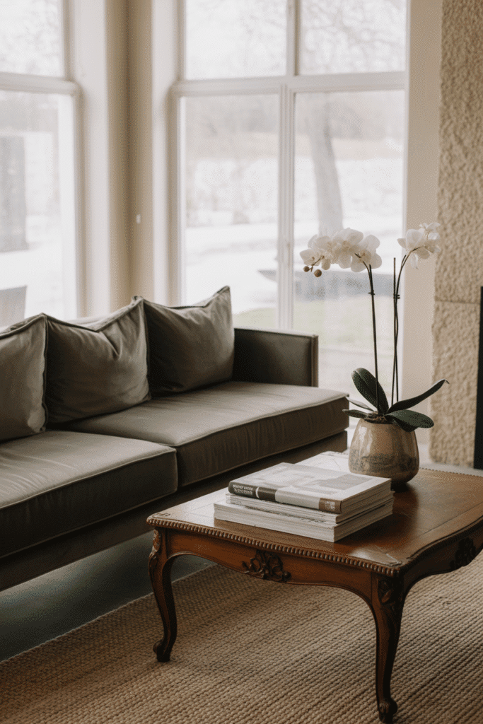 Modern cottage living room blending contemporary sofa with vintage wooden furniture and rustic decor.