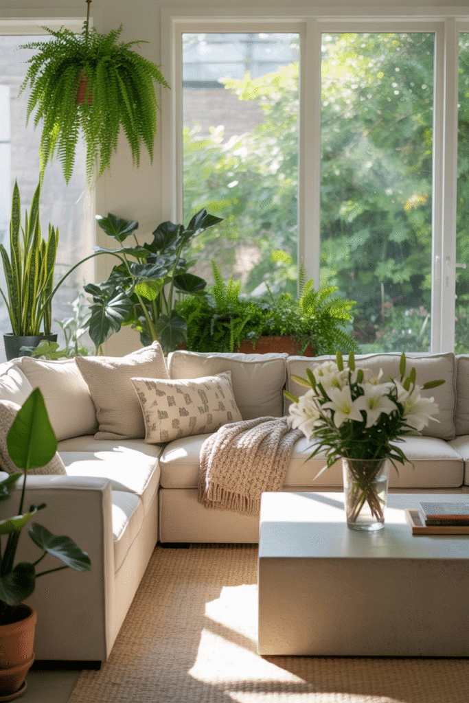 Modern cottage living room with multiple indoor plants adding natural warmth and texture.