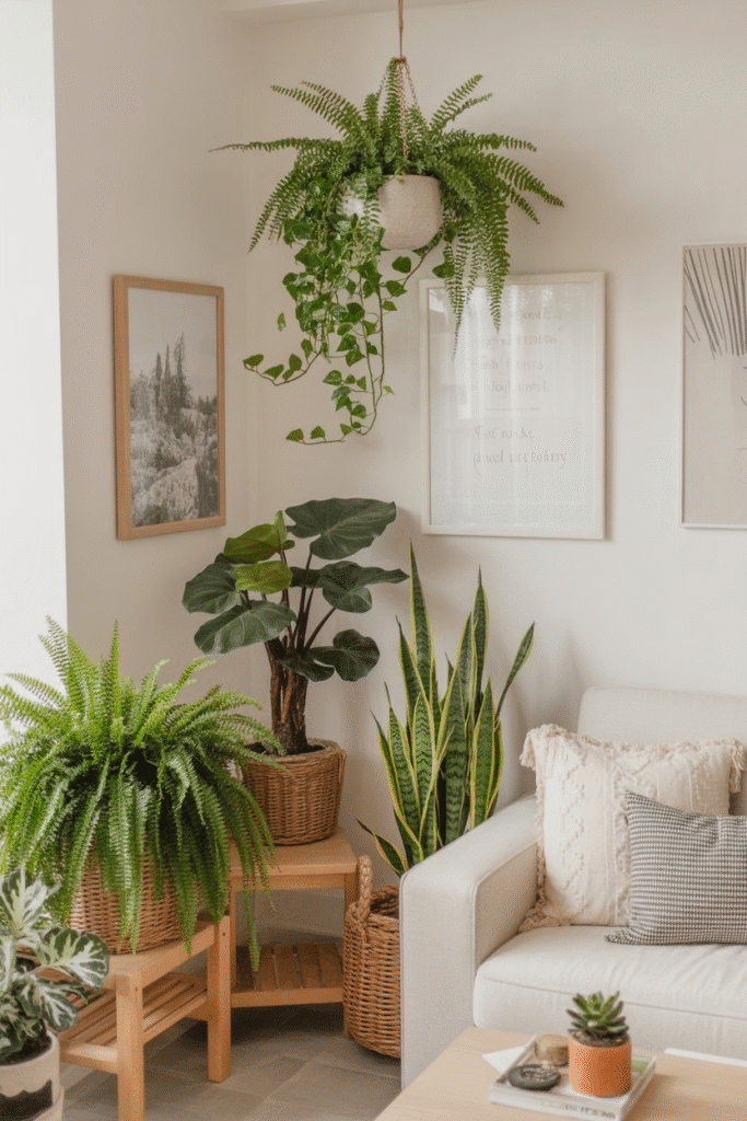 Modern cottage living room with multiple indoor plants adding natural warmth and texture.