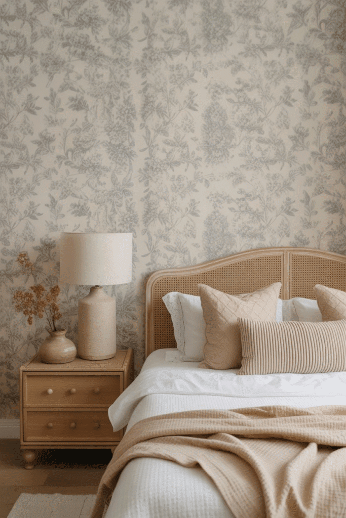 Modern cottage bedroom featuring subtle floral wallpaper and neutral furnishings.