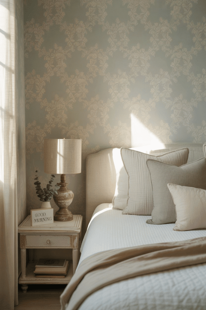 Modern cottage bedroom featuring subtle floral wallpaper and neutral furnishings.