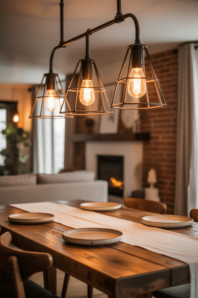Modern cottage dining area with farmhouse-style black metal pendant lighting and wooden table.
