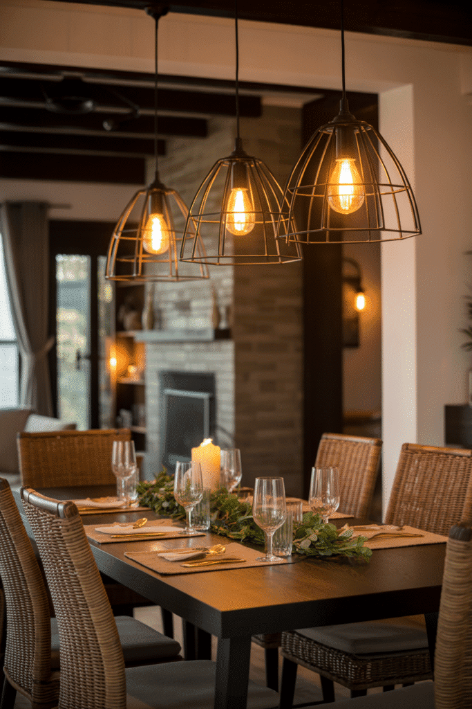 Modern cottage dining area with farmhouse-style black metal pendant lighting and wooden table.
