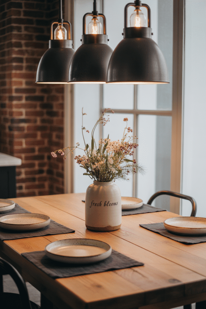 Modern cottage dining area with farmhouse-style black metal pendant lighting and wooden table.