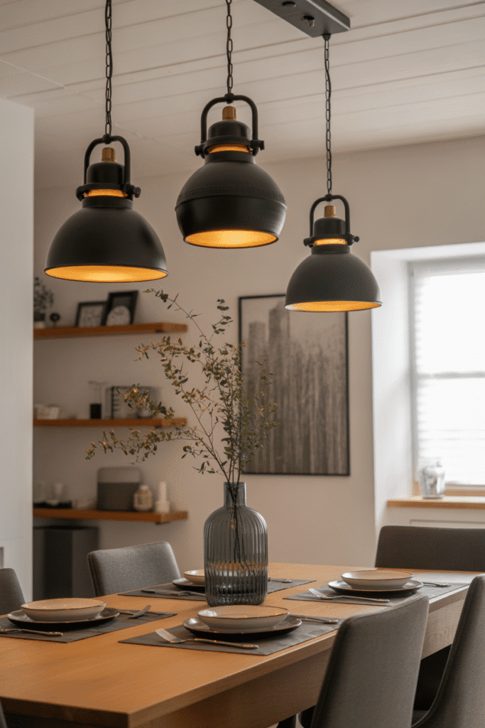 Modern cottage dining area with farmhouse-style black metal pendant lighting and wooden table.