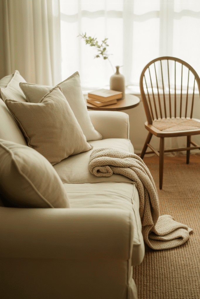 Modern cottage living room with classic slipcovered sofa and Windsor chair for timeless charm.