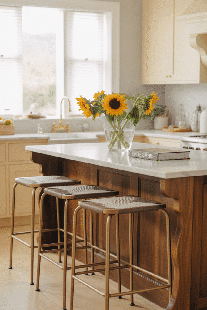 Modern cottage kitchen featuring mixed surfaces of wood, marble, and metal for layered texture.