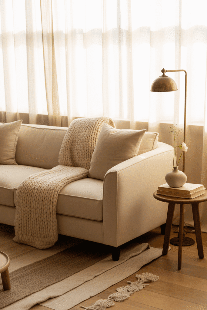 Modern cottage living room with layered rugs adding warmth and texture on wooden floors.