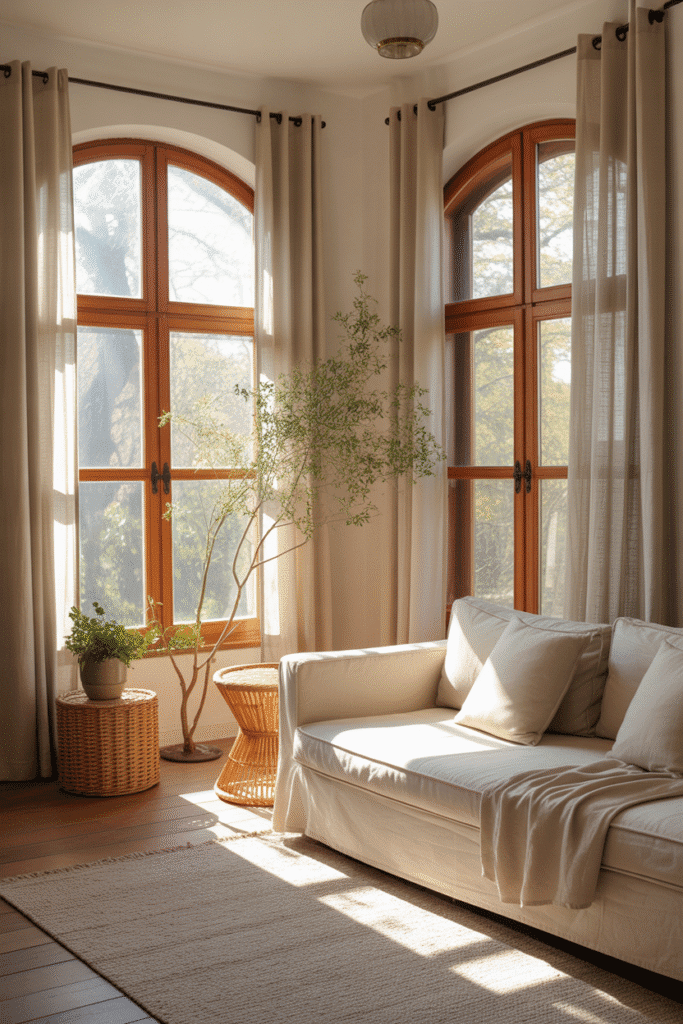 Modern cottage living room featuring airy linen curtains and natural wooden window frames.