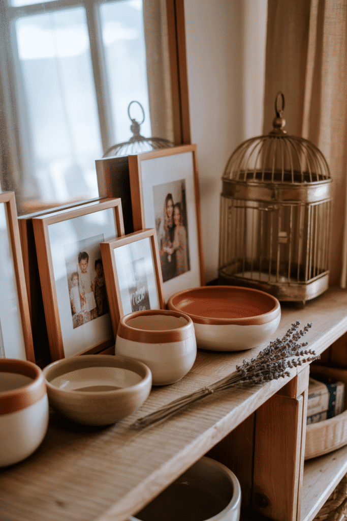 Modern cottage bedroom with personalized decor including photos, ceramics, and vintage accents.v