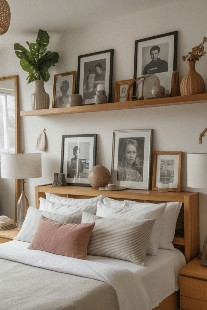 Modern cottage bedroom with personalized decor including photos, ceramics, and vintage accents.