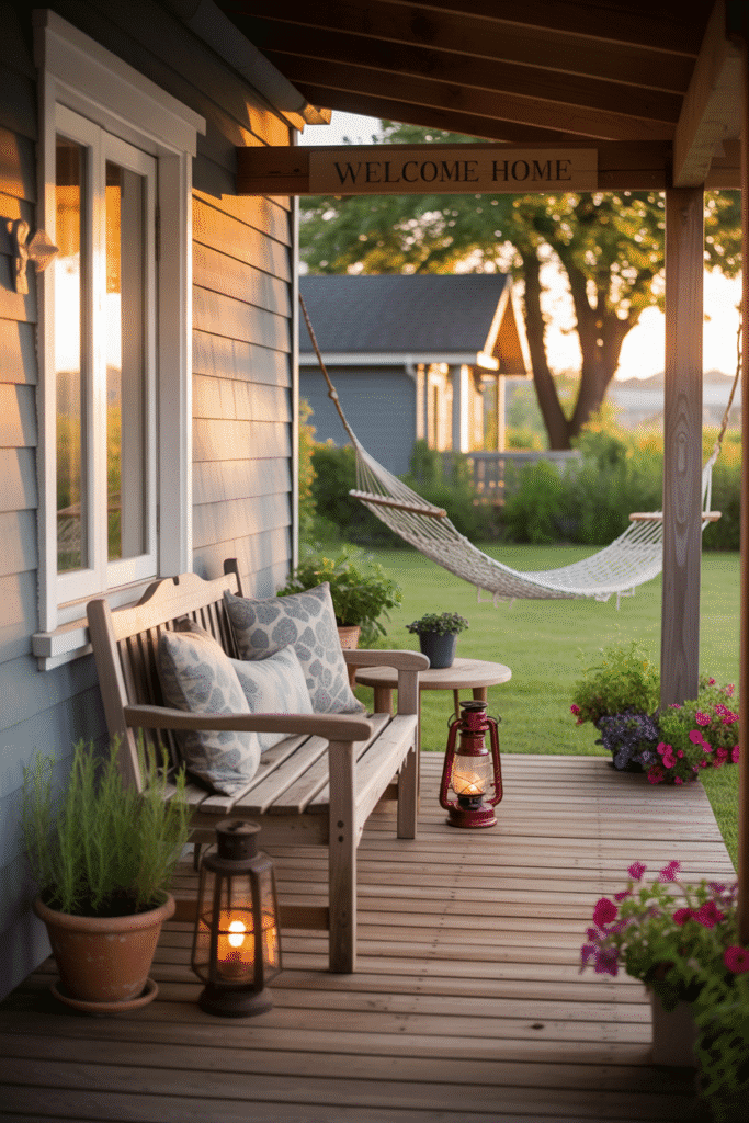 Modern cottage outdoor porch with wooden seating, lanterns, and planters creating a welcoming space.