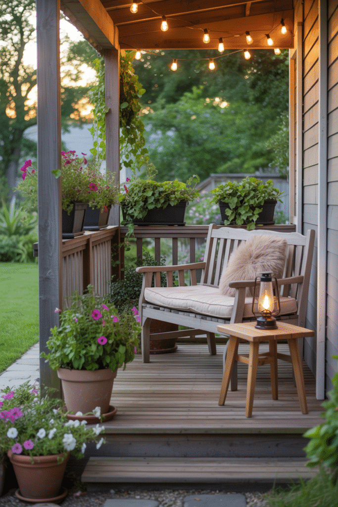 Modern cottage outdoor porch with wooden seating, lanterns, and planters creating a welcoming space.