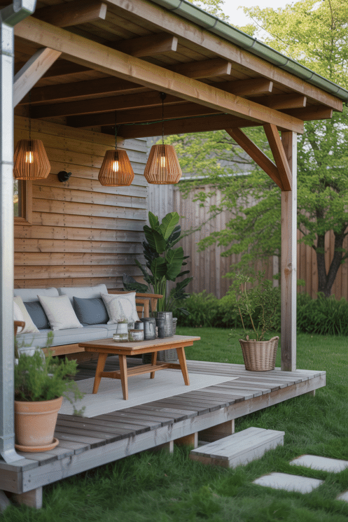 Modern cottage outdoor porch with wooden seating, lanterns, and planters creating a welcoming space.