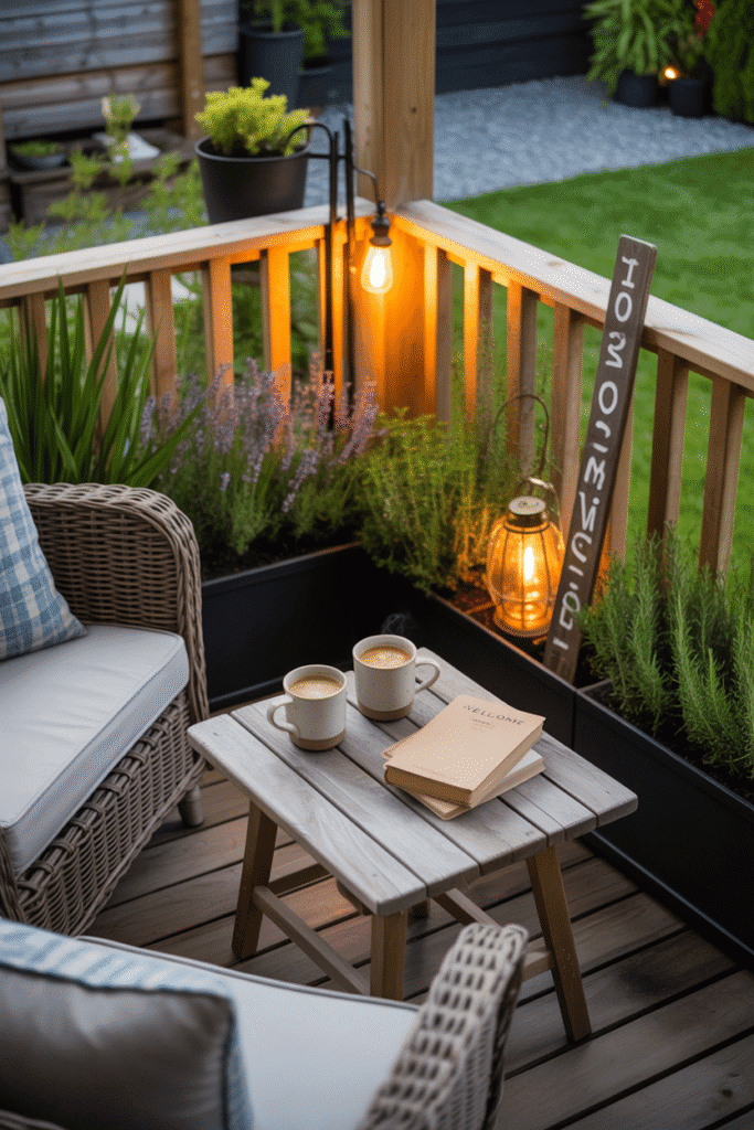 Modern cottage outdoor porch with wooden seating, lanterns, and planters creating a welcoming space.