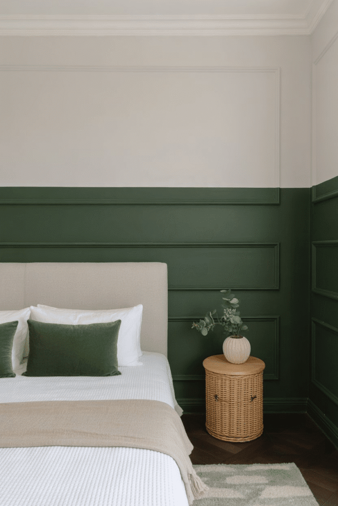 Two-tone wall design using dark green creates visual interest and balance.